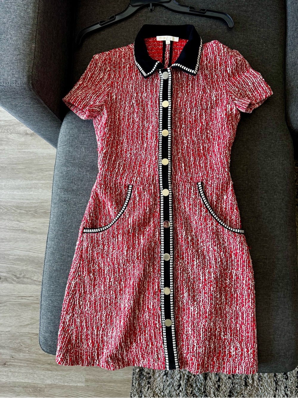 Maje Red and Black Tweed Midi Dress with Contrast Trim